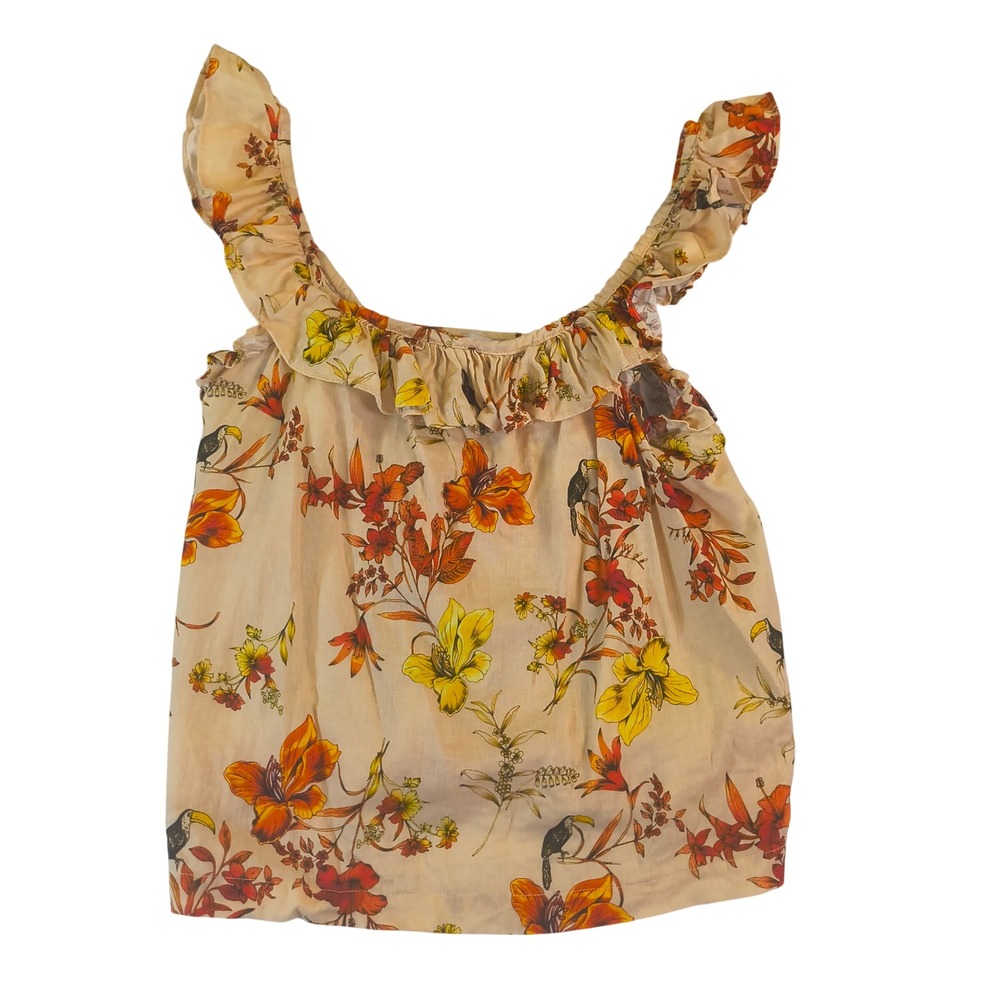 Evereve‎ Womens Tropical Toucan Floral Ruffle Linen Blend Tank Top Peach Small